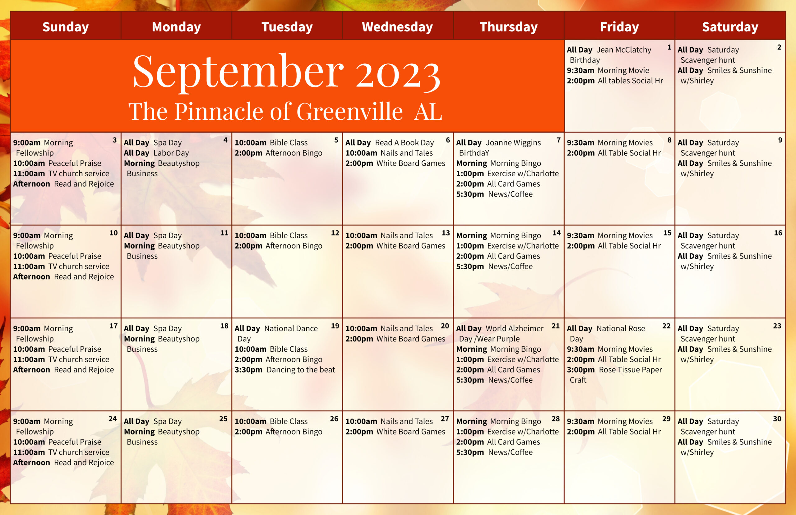 The Pinnacle of Greenville - Assisted Living and Memory Care - Assisted Living Calendar