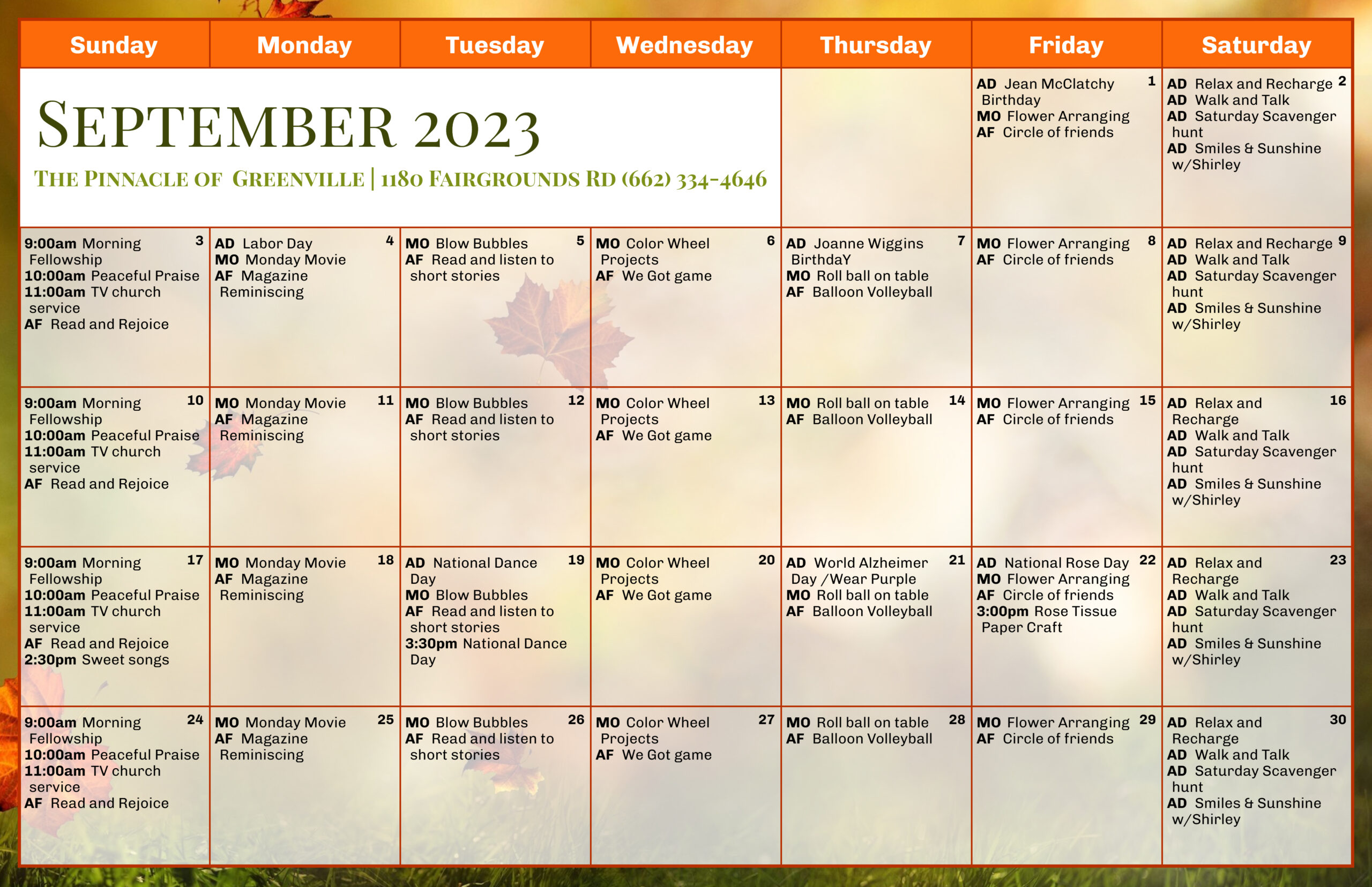 The Pinnacle of Greenville - Assisted Living and Memory Care - Memory Care Calendar