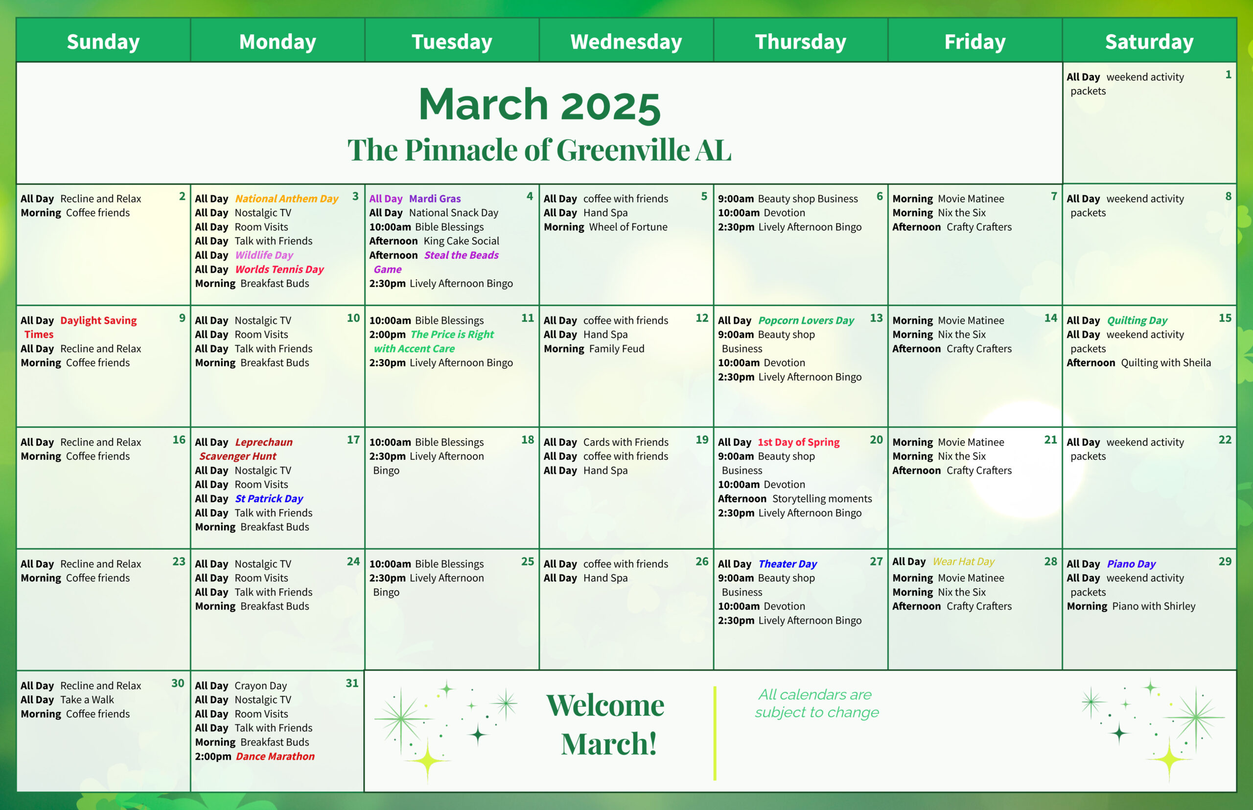 The Pinnacle of Greenville - Assisted Living and Memory Care - Assisted Living Calendar